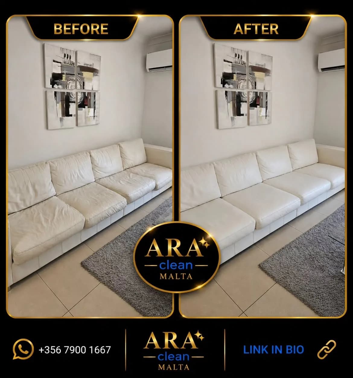 Clean fabric sofa after professional upholstery care in Malta